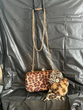 Brown Leopard Print Clutch with Gold-Tone Chain & Pom-Pom Charm