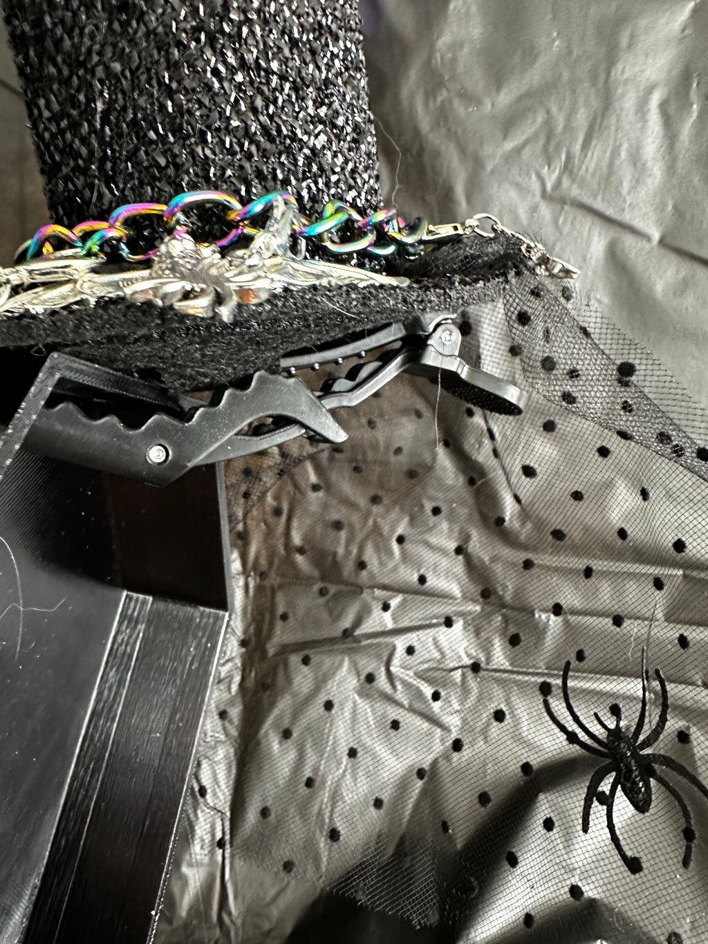 Mini Gothic Top Hat Hair Clip with Bat Charms & Spider Veil