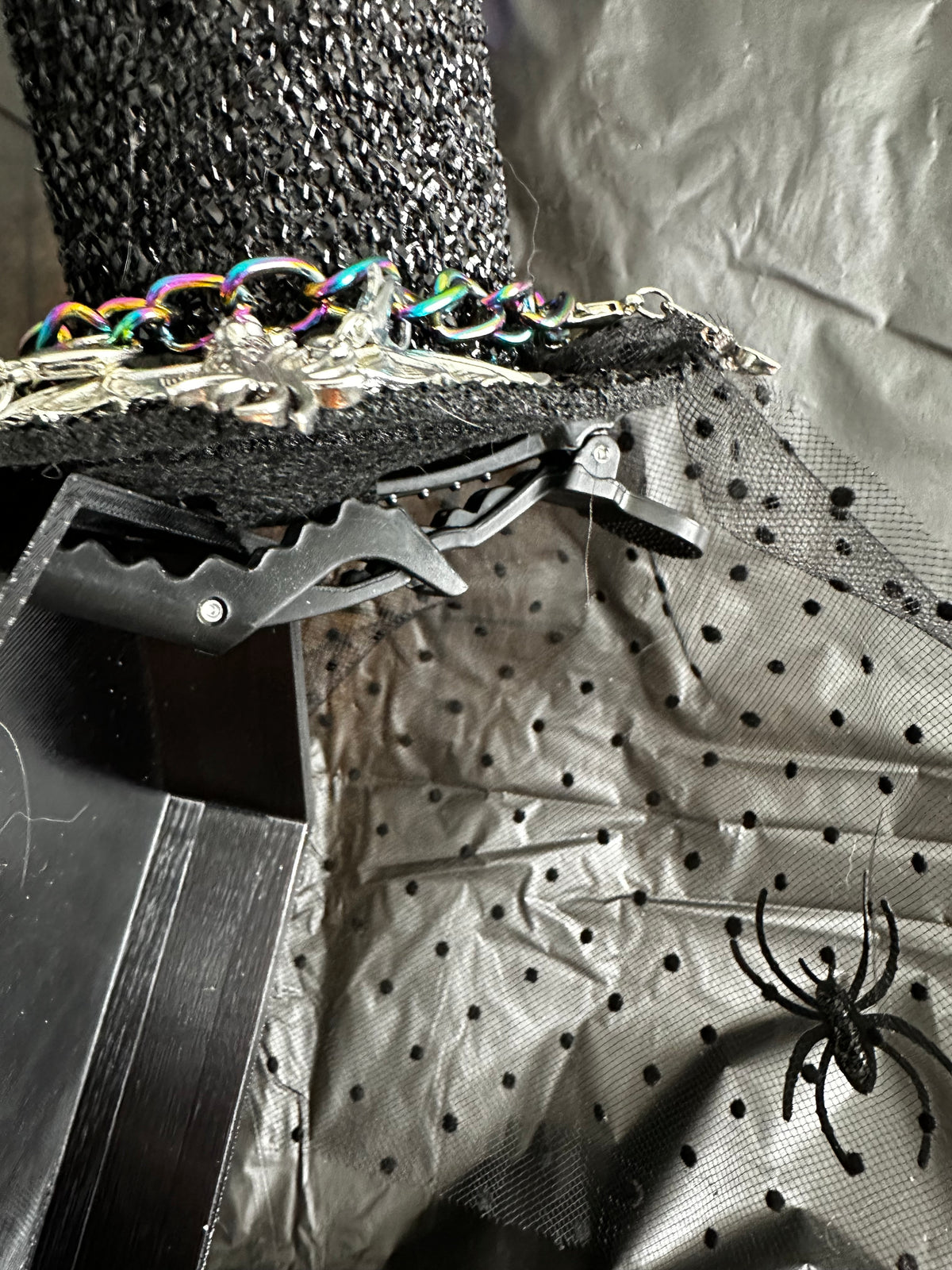 Mini Gothic Top Hat Hair Clip with Bat Charms & Spider Veil