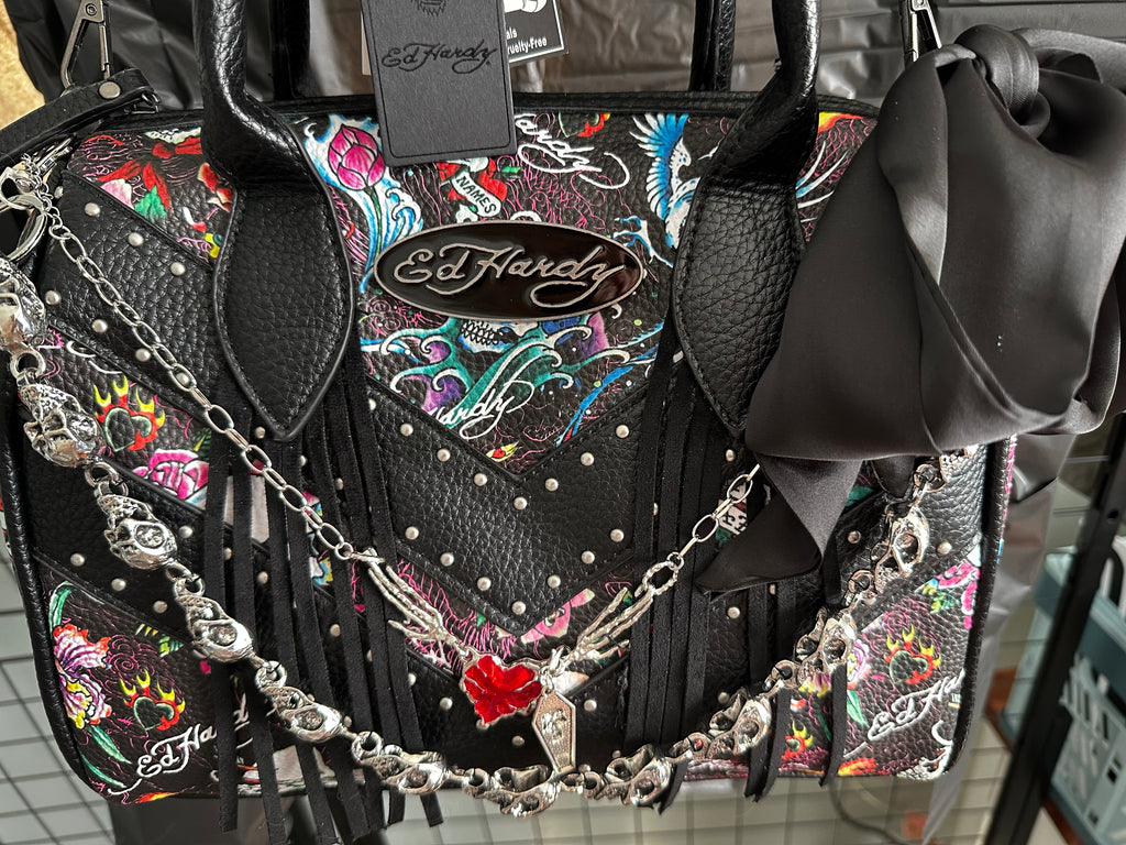 Ed Hardy Tattoo Print Bag with Custom Gothic Charms & Black Bow