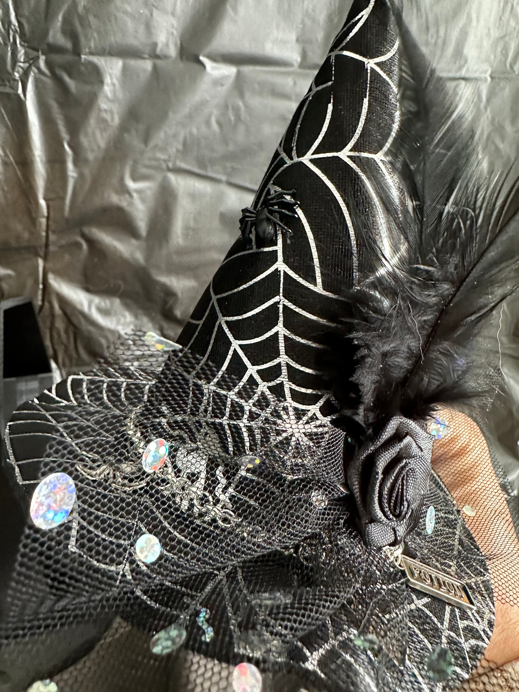 Mini Witch Hat Hair Clip with Spiderwebs, Feathers & Bracelet Charm Chain