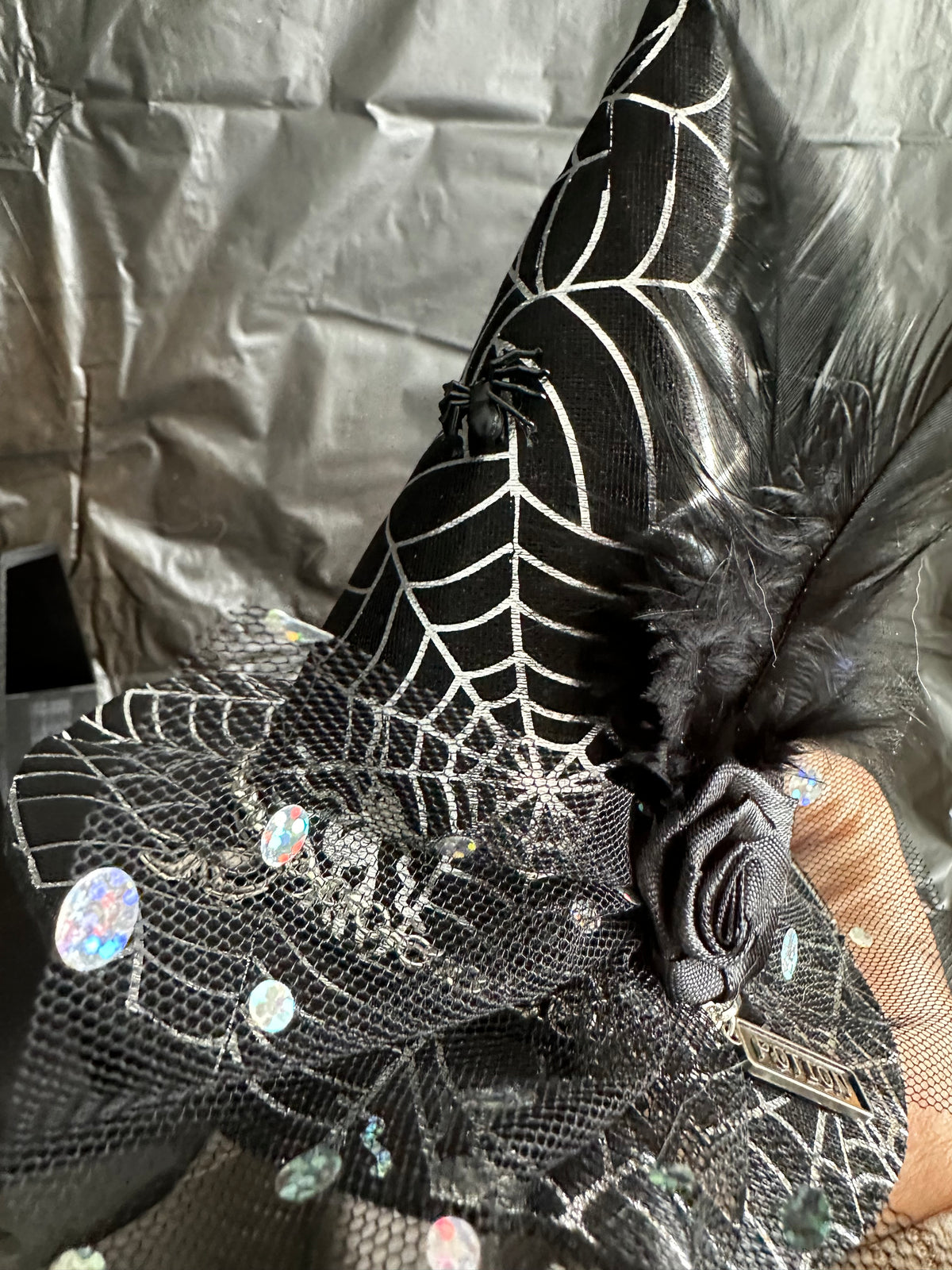 Mini Witch Hat Hair Clip with Spiderwebs, Feathers & Bracelet Charm Chain