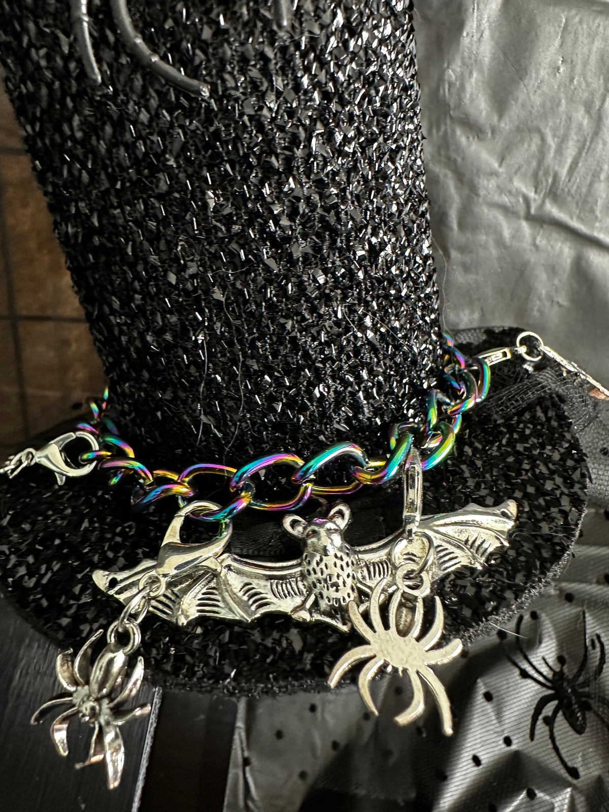 Mini Gothic Top Hat Hair Clip with Bat Charms & Spider Veil