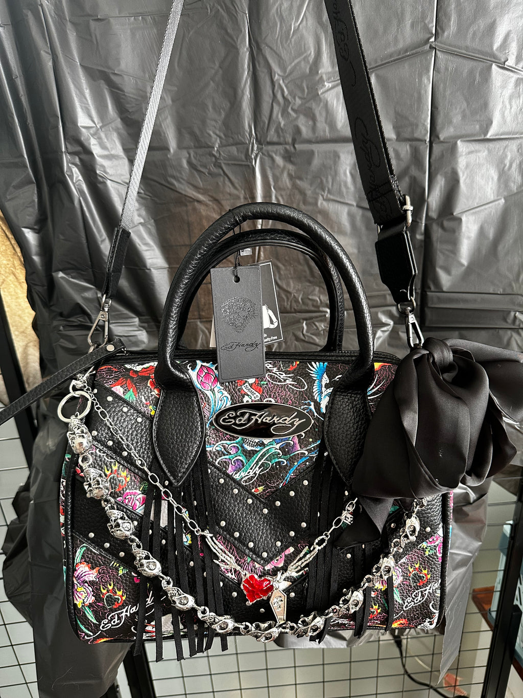 Ed Hardy Tattoo Print Bag with Custom Gothic Charms & Black Bow