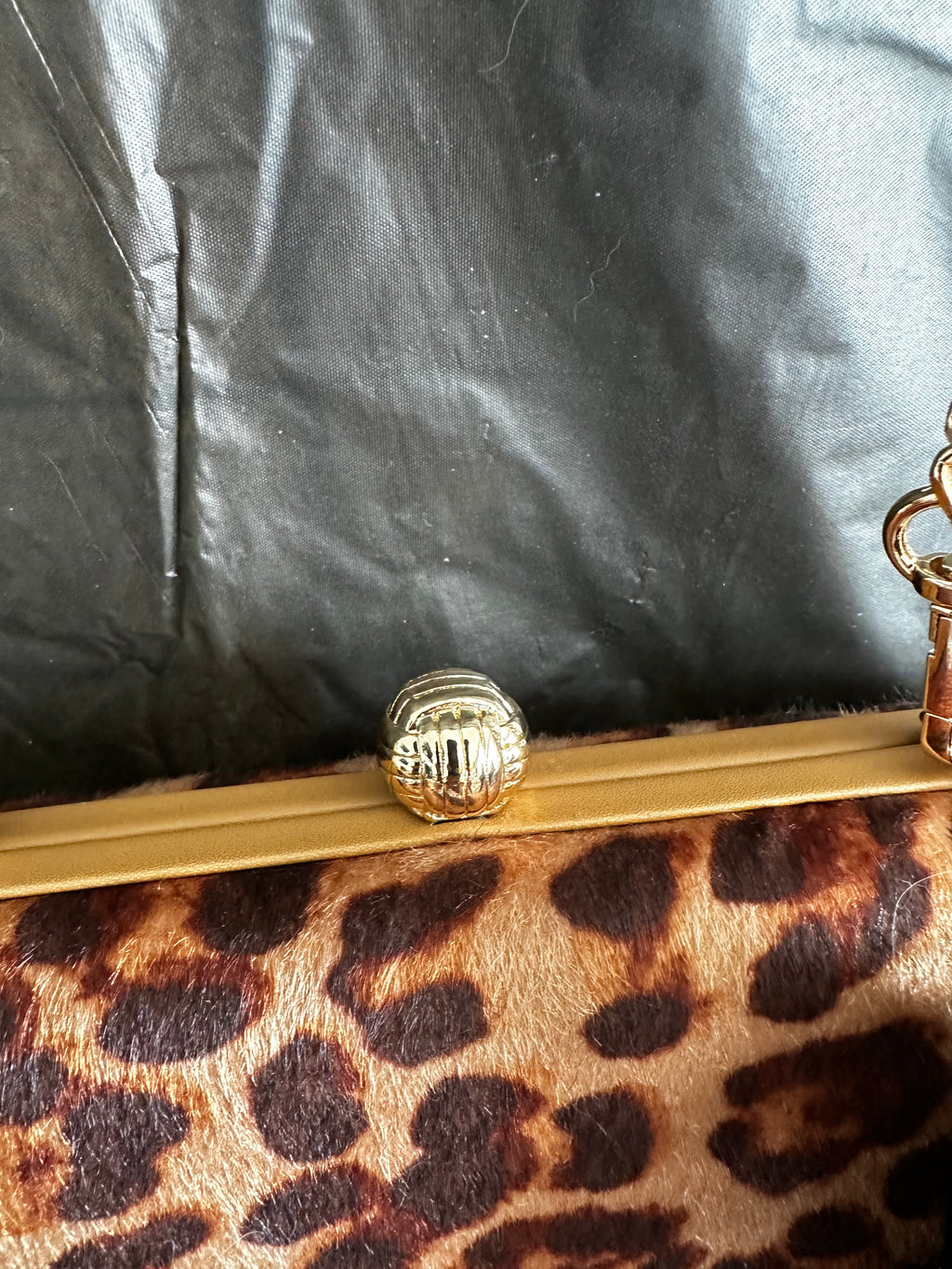 Brown Leopard Print Clutch with Gold-Tone Chain & Pom-Pom Charm