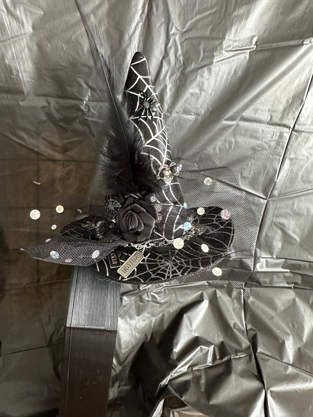 Mini Witch Hat Hair Clip with Spiderwebs, Feathers & Bracelet Charm Chain
