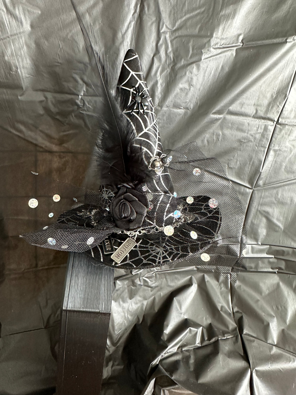 Mini Witch Hat Hair Clip with Spiderwebs, Feathers & Bracelet Charm Chain