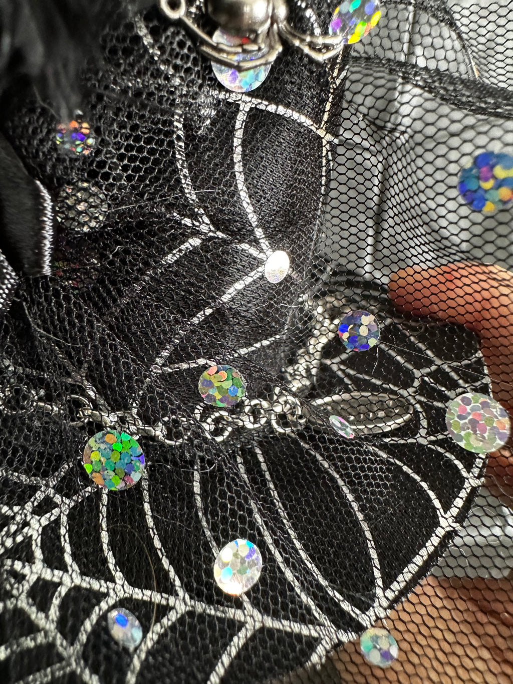 Mini Witch Hat Hair Clip with Spiderwebs, Feathers & Bracelet Charm Chain