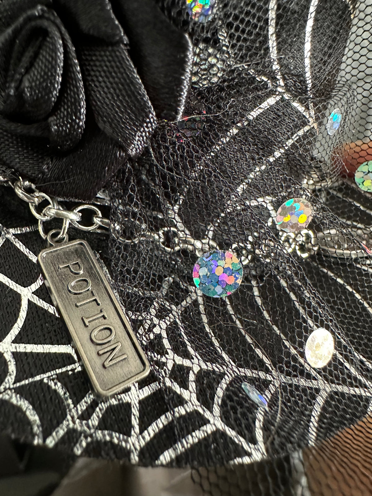 Mini Witch Hat Hair Clip with Spiderwebs, Feathers & Bracelet Charm Chain