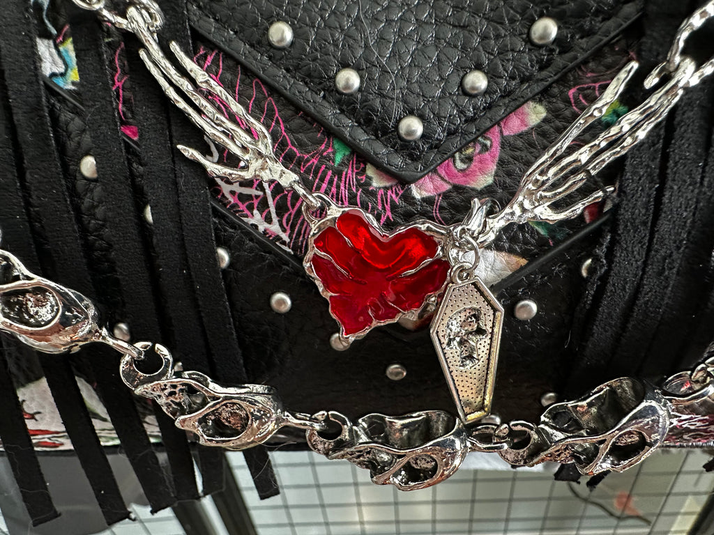 Ed Hardy Tattoo Print Bag with Custom Gothic Charms & Black Bow