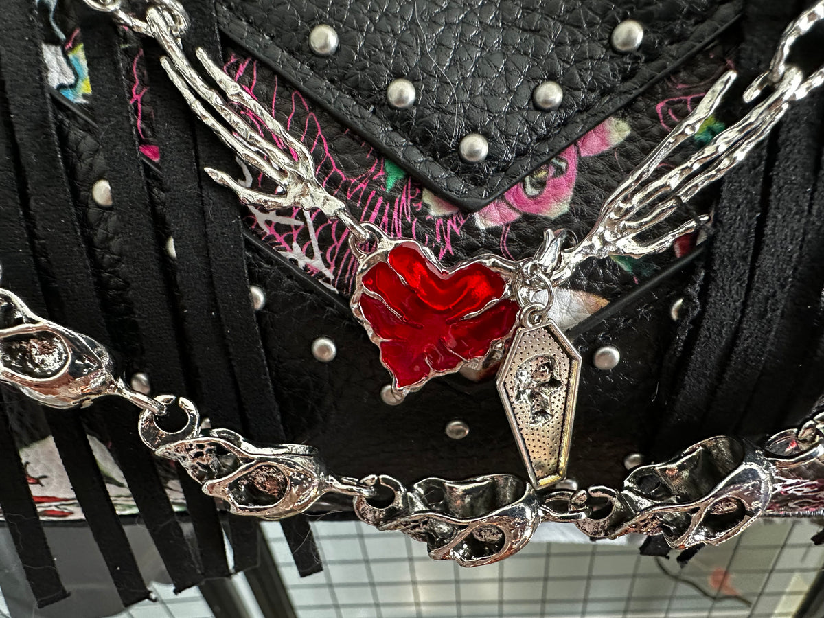 Ed Hardy Tattoo Print Bag with Custom Gothic Charms & Black Bow