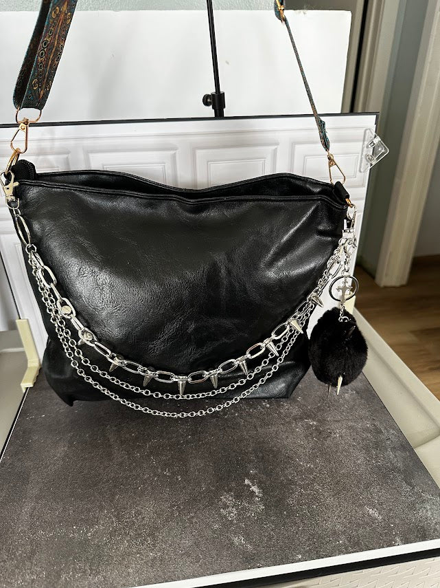 Black Gothic Shoulder Bag with Silver Chains & Spiked Pom-Pom Charm