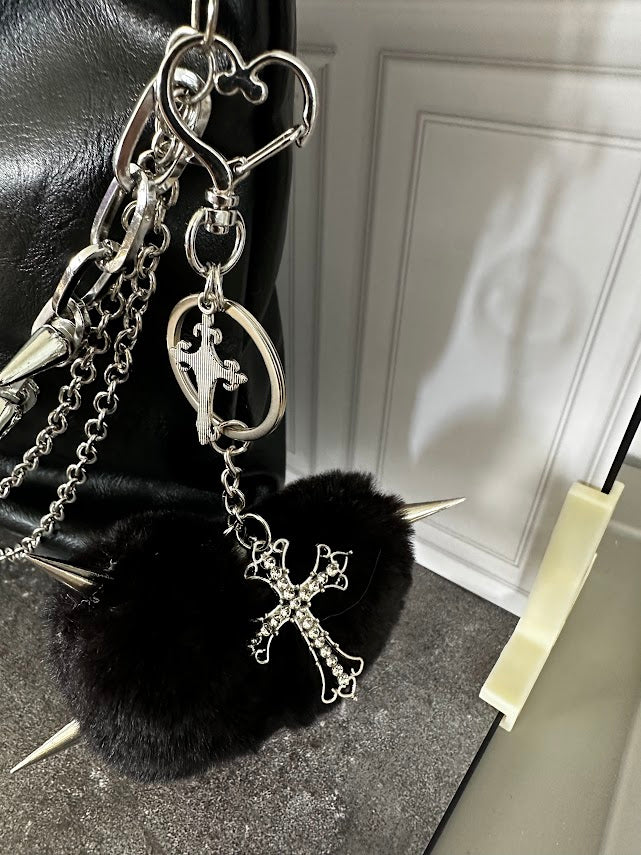 Black Gothic Shoulder Bag with Silver Chains & Spiked Pom-Pom Charm