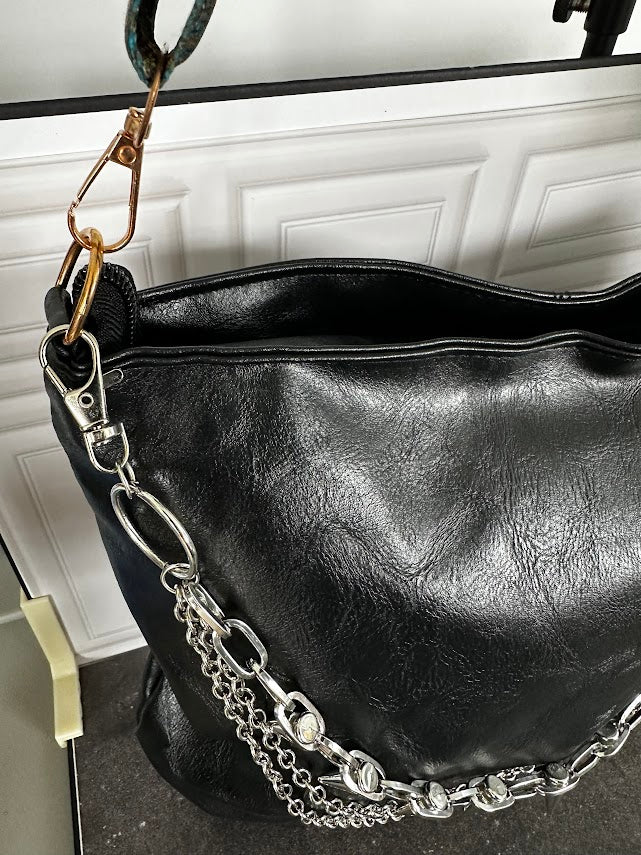 Black Gothic Shoulder Bag with Silver Chains & Spiked Pom-Pom Charm