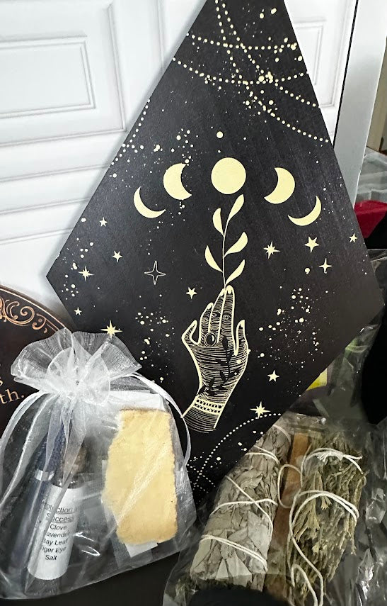 Witchy Boo Basket II – Protection Chant Sign, Esoteric Art, Evil Eye Jewelry & Spell Kit