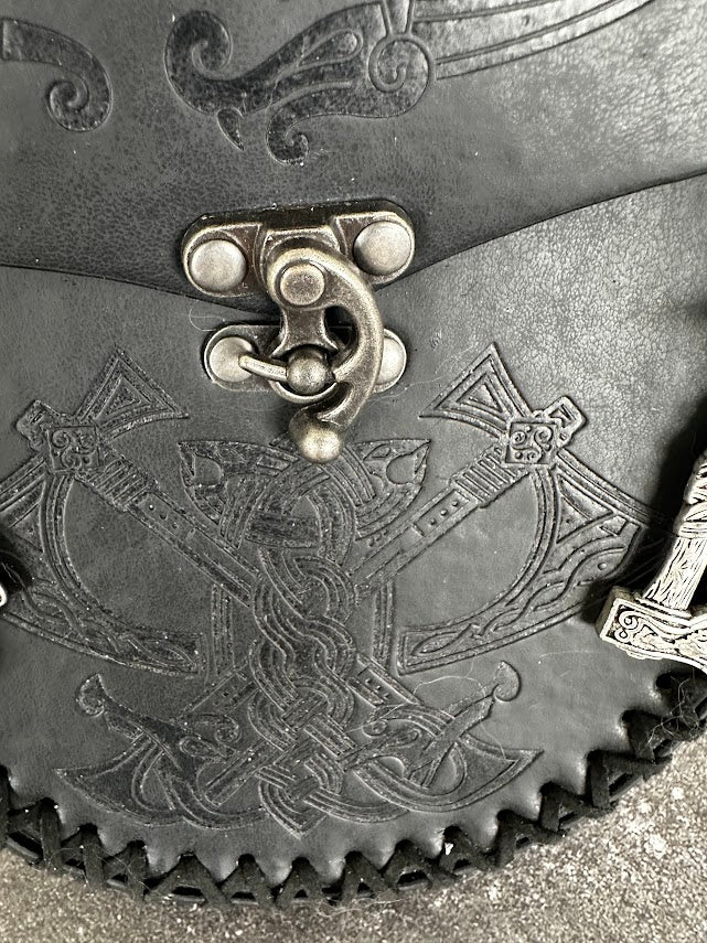 Black Viking Belt Pouch with Celtic Knotwork & Charms