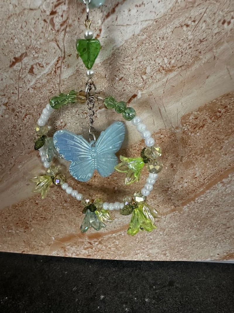 Sara’s Suncatchers – Selenite & Green Aventurine Butterfly Visor Charm