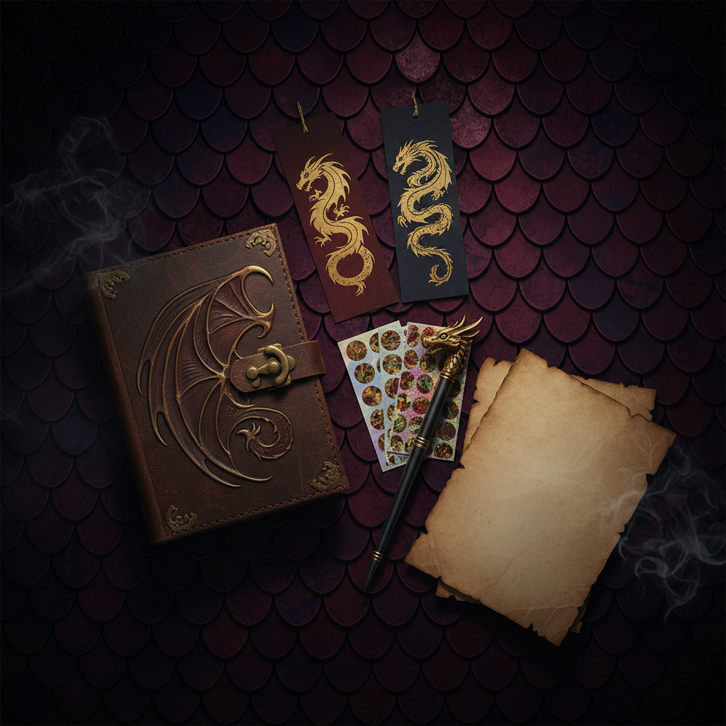 4th Wing inspired journal kit flat lay with dragon motifs, bookmarks, journal, stickers and pen on dark burgundy background