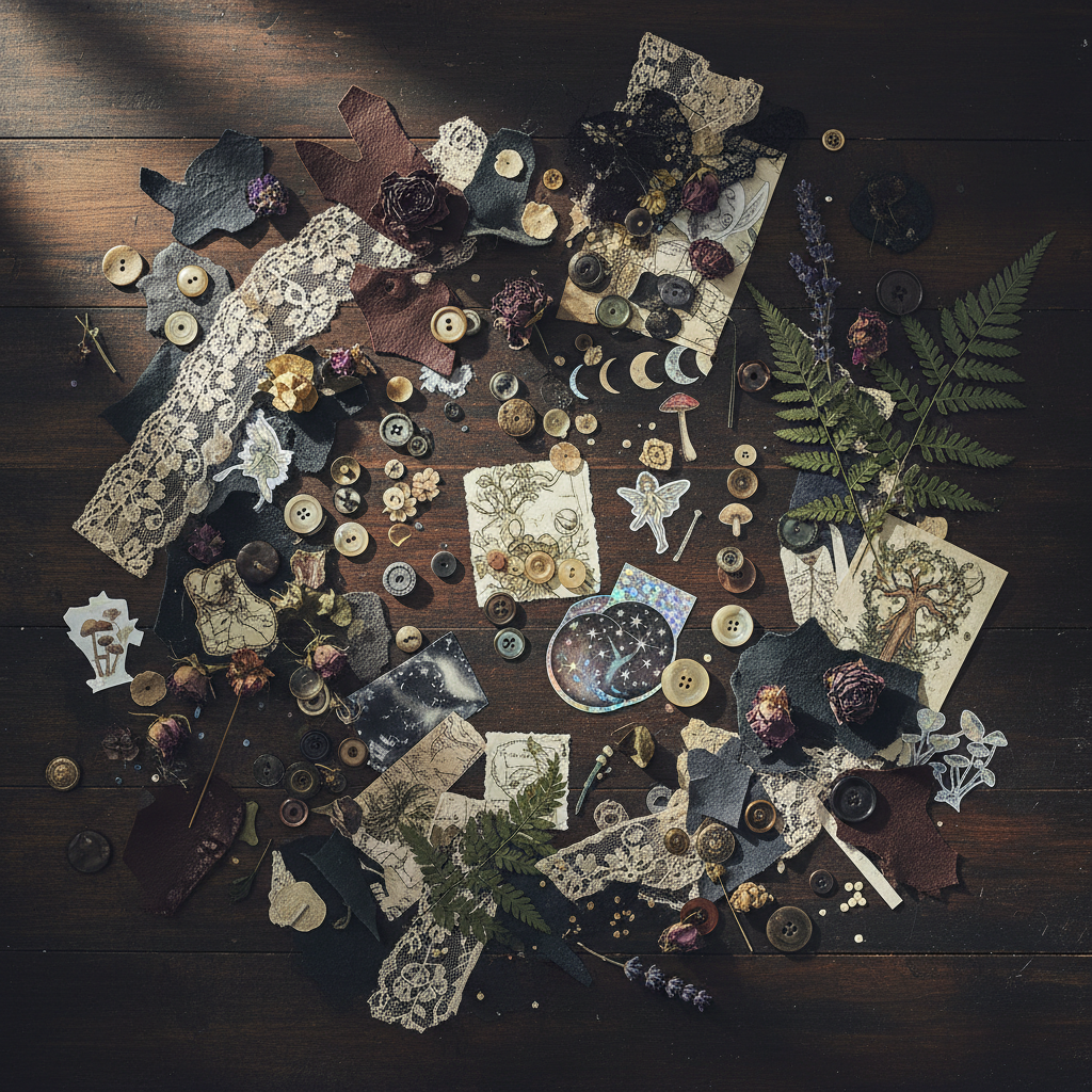 Mixed media junk journal kit flat lay with leather scraps, lace, buttons, dried flowers and themed ephemera on dark wooden surface
