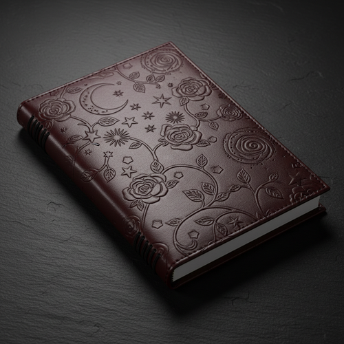Embossed PU leather journal with floral and celestial motifs on dark surface
