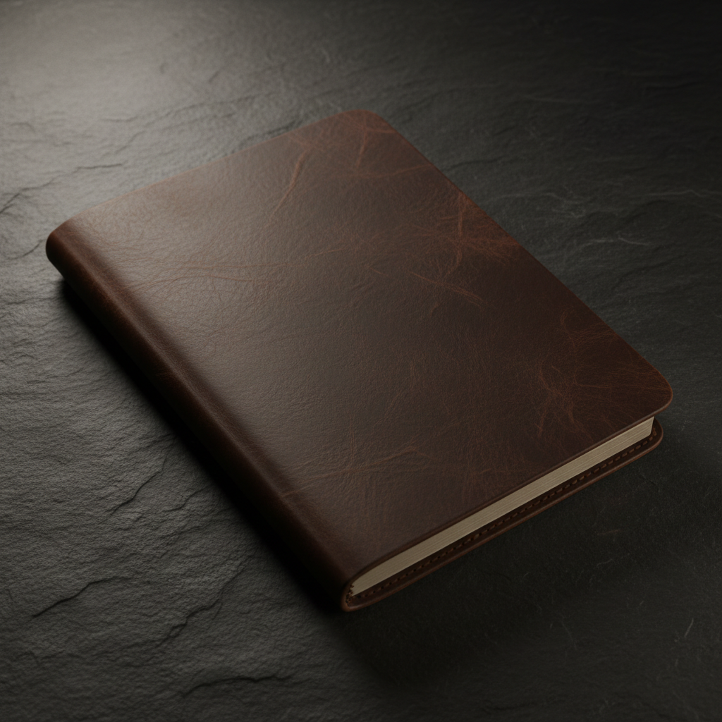 Blank leather journal with rich dark brown textured cover on dark slate surface