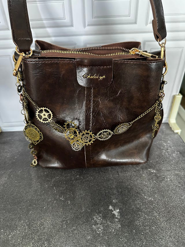 Chalieyr Brown Steampunk Shoulder Bag with Gear & Clock Charms
