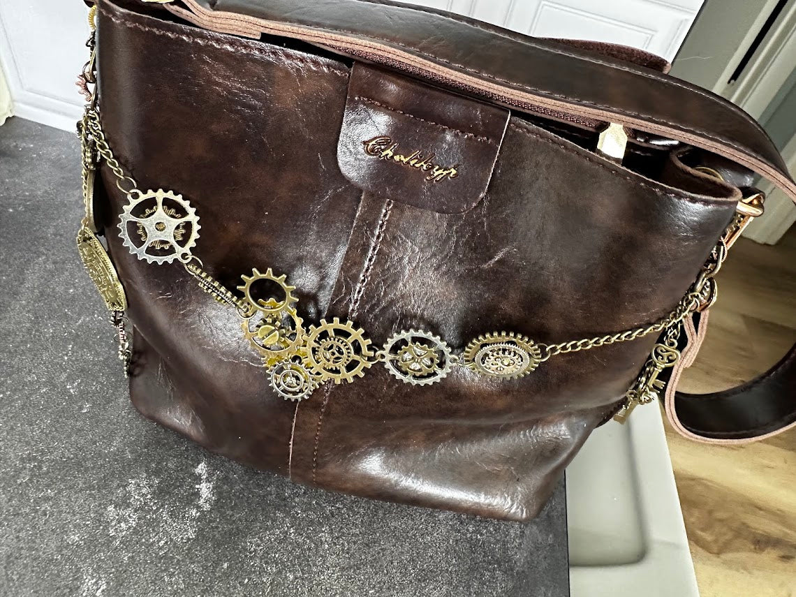 Chalieyr Brown Steampunk Shoulder Bag with Gear & Clock Charms