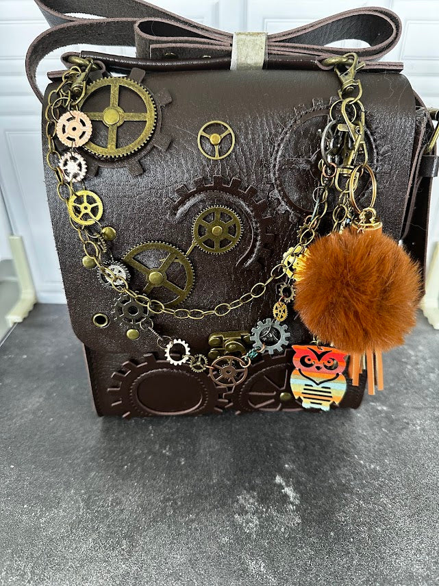 Brown Leather Steampunk Satchel with Removable Owl Charm