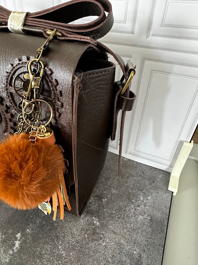 Brown Leather Steampunk Satchel with Removable Owl Charm