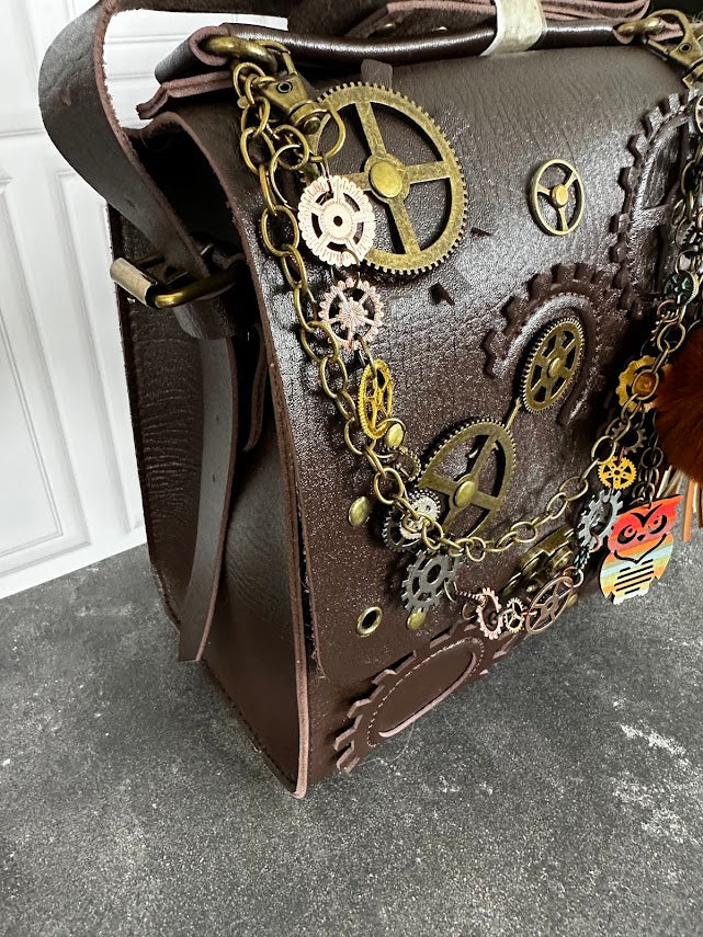 Brown Leather Steampunk Satchel with Removable Owl Charm